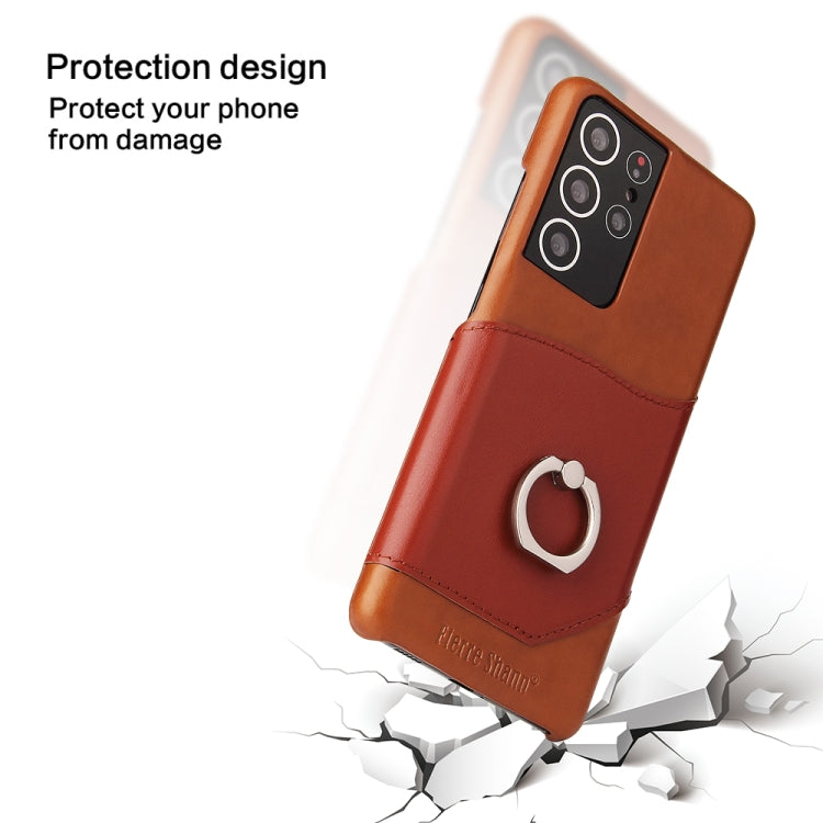 For Samsung Galaxy S21+ 5G Fierre Shann Oil Wax Texture Genuine Leather Back Cover Case with 360 Degree Rotation Holder & Card Slot(Brown)