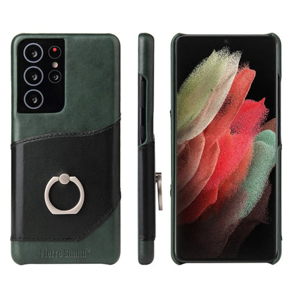 Pour Samsung Galaxy S21 Ultra 5G Étui en cuir véritable Fierre Shann à texture cirée avec support rotatif à 360 degrés et fente pour cartes (noir)