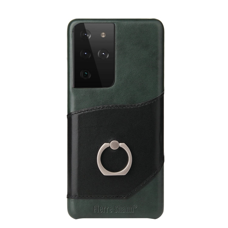 Pour Samsung Galaxy S21 Ultra 5G Étui en cuir véritable Fierre Shann à texture cirée avec support rotatif à 360 degrés et fente pour cartes (noir)