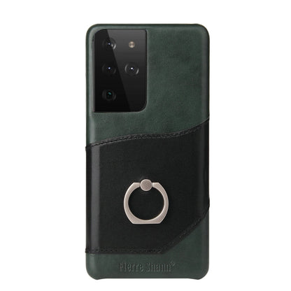 Pour Samsung Galaxy S21 Ultra 5G Étui en cuir véritable Fierre Shann à texture cirée avec support rotatif à 360 degrés et fente pour cartes (noir)