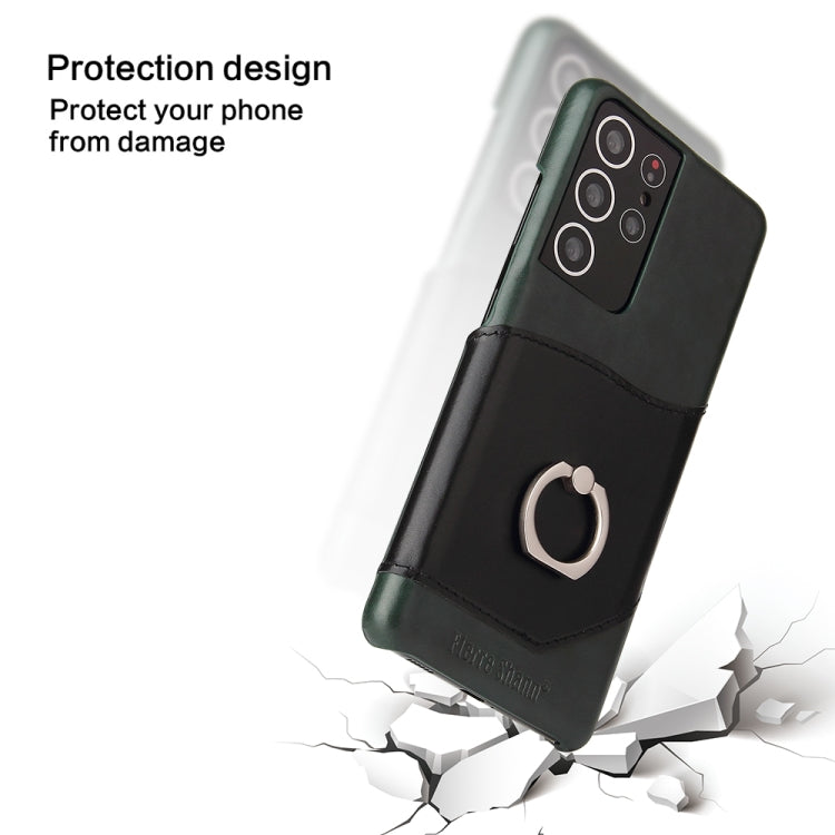 Pour Samsung Galaxy S21 Ultra 5G Étui en cuir véritable Fierre Shann à texture cirée avec support rotatif à 360 degrés et fente pour cartes (noir)