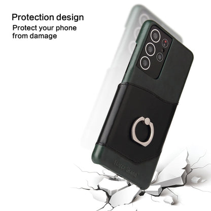 Pour Samsung Galaxy S21 Ultra 5G Étui en cuir véritable Fierre Shann à texture cirée avec support rotatif à 360 degrés et fente pour cartes (noir)