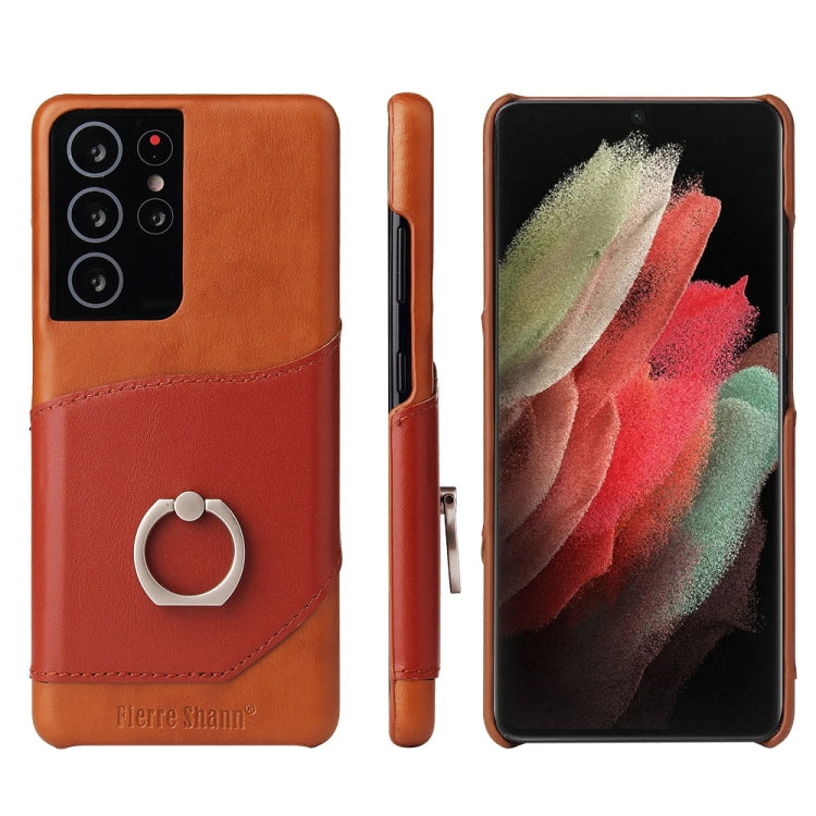 Pour Samsung Galaxy S21 Ultra 5G Étui en Cuir Véritable Fierre Shann Texture Cire d'Huile avec Support Rotatif à 360 Degrés et Emplacement pour Cartes (Marron)