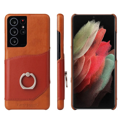 Pour Samsung Galaxy S21 Ultra 5G Étui en Cuir Véritable Fierre Shann Texture Cire d'Huile avec Support Rotatif à 360 Degrés et Emplacement pour Cartes (Marron)