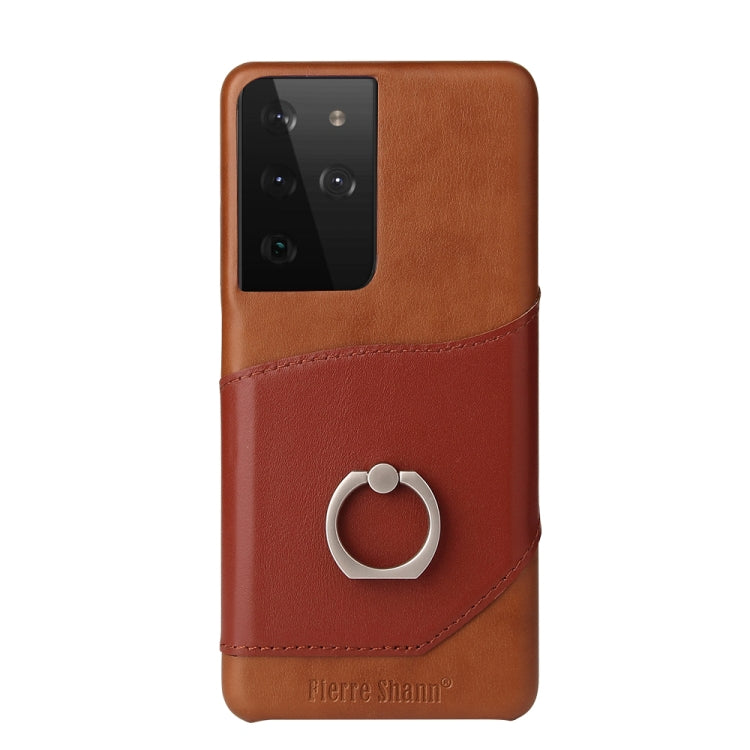 Pour Samsung Galaxy S21 Ultra 5G Étui en Cuir Véritable Fierre Shann Texture Cire d'Huile avec Support Rotatif à 360 Degrés et Emplacement pour Cartes (Marron)