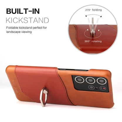 Pour Samsung Galaxy S21 Ultra 5G Étui en Cuir Véritable Fierre Shann Texture Cire d'Huile avec Support Rotatif à 360 Degrés et Emplacement pour Cartes (Marron)