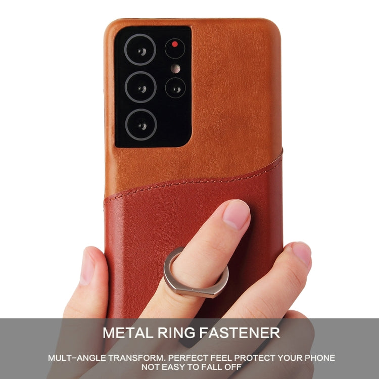 Pour Samsung Galaxy S21 Ultra 5G Étui en Cuir Véritable Fierre Shann Texture Cire d'Huile avec Support Rotatif à 360 Degrés et Emplacement pour Cartes (Marron)