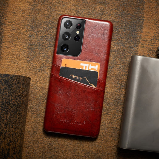 For Samsung Galaxy S21 Ultra 5G Fierre Shann Oil Wax Texture Leather Back Cover Case(Brown)