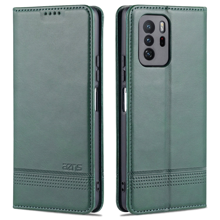 For Xiaomi Redmi Note 10 Pro 5G AZNS Magnetic Calf Texture Horizontal Flip Leather Case with Card Slots & Holder & Wallet(Dark Green)
