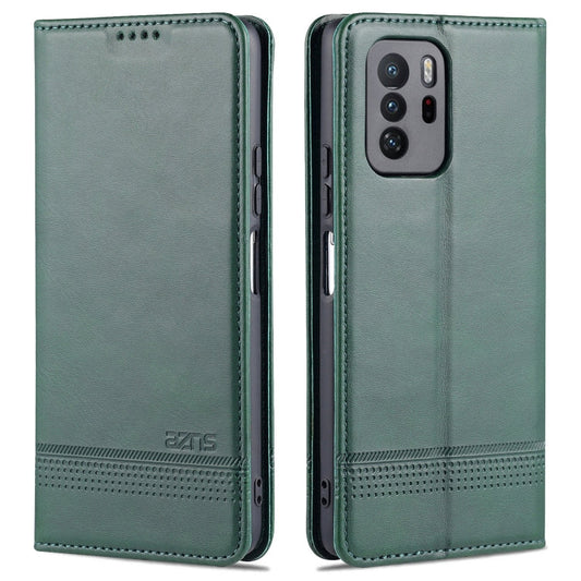For Xiaomi Redmi Note 10 Pro 5G AZNS Magnetic Calf Texture Horizontal Flip Leather Case with Card Slots & Holder & Wallet(Dark Green)