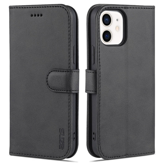 Pour iPhone 12 mini AZNS Étui en cuir à rabat horizontal avec texture veau, emplacements pour cartes et support et portefeuille (Noir)