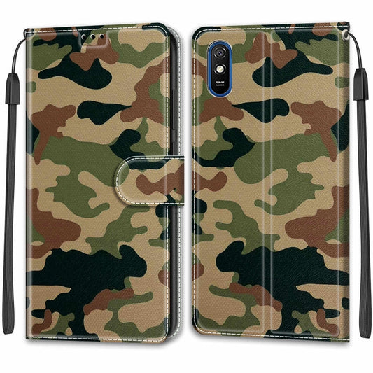 For Xiaomi Redmi 9A Voltage Coloured Drawing Magnetic Clasp Horizontal Flip PU Leather Case with Holder & Card Slots(C12 Green Yellow Camouflage)