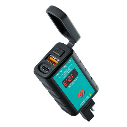 Chargeur rapide WUPP ZH-1422B1 DC12-24V pour moto, carré, double USB (USB-A + PD), avec interrupteur + voltmètre + prise SAE intégrée