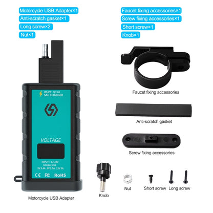 Chargeur rapide WUPP ZH-1422B1 DC12-24V pour moto, carré, double USB (USB-A + PD), avec interrupteur + voltmètre + prise SAE intégrée