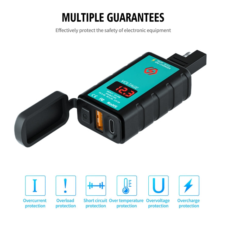 Chargeur rapide WUPP ZH-1422B1 DC12-24V pour moto, carré, double USB (USB-A + PD), avec interrupteur + voltmètre + prise SAE intégrée