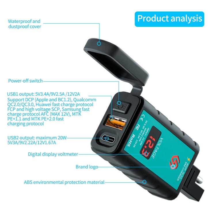 Chargeur rapide WUPP ZH-1422B1 DC12-24V pour moto, carré, double USB (USB-A + PD), avec interrupteur + voltmètre + prise SAE intégrée