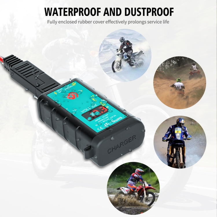 Chargeur rapide WUPP ZH-1422B1 DC12-24V pour moto, carré, double USB (USB-A + PD), avec interrupteur + voltmètre + prise SAE intégrée