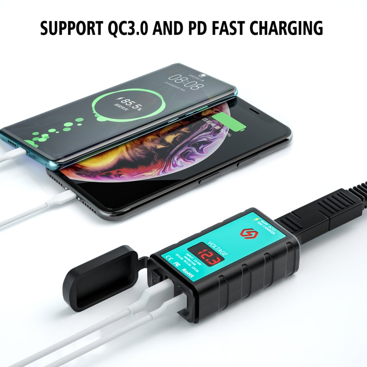 Chargeur rapide WUPP ZH-1422B1 DC12-24V pour moto, carré, double USB (USB-A + PD), avec interrupteur + voltmètre + prise SAE intégrée