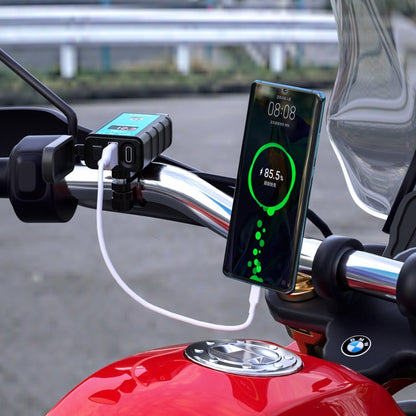 Chargeur rapide WUPP ZH-1422B1 DC12-24V pour moto, carré, double USB (USB-A + PD), avec interrupteur + voltmètre + prise SAE intégrée