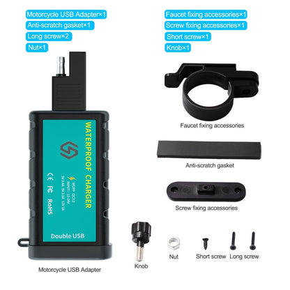 WUPP ZH-1422C1 Motorcycle Square Dual USB Fast Charging Charger with Switch + Integrated SAE Socket