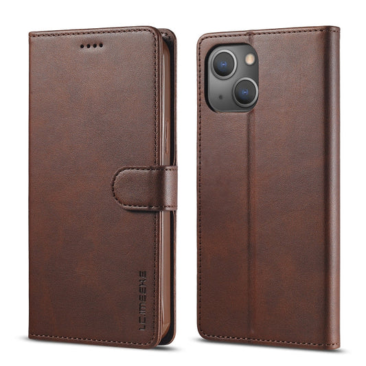 Pour iPhone 13 mini LC.IMEEKE Étui en cuir à rabat horizontal avec texture veau, support, fentes pour cartes et portefeuille (marron)
