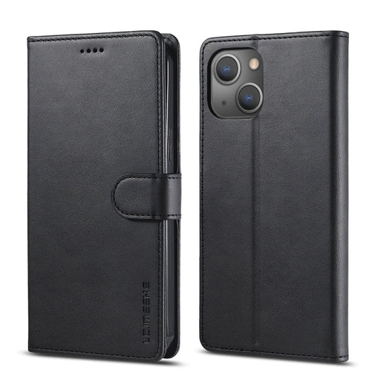 Pour iPhone 13 mini Étui en cuir à rabat horizontal texture veau LC.IMEEKE avec support, fentes pour cartes et portefeuille (noir)