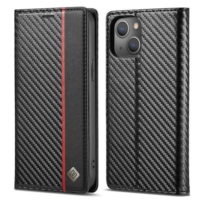 For iPhone 13 mini LC.IMEEKE Carbon Fiber PU + TPU Horizontal Flip Leather Case with Holder & Card Slot & Wallet (Vertical Black)