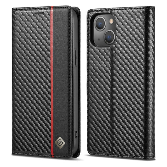 Pour iPhone 13 mini LC.IMEEKE Étui en cuir à rabat horizontal en fibre de carbone PU + TPU avec support et fente pour cartes et portefeuille (noir vertical)