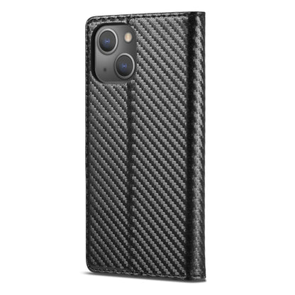 For iPhone 13 mini LC.IMEEKE Carbon Fiber PU + TPU Horizontal Flip Leather Case with Holder & Card Slot & Wallet (Vertical Black)