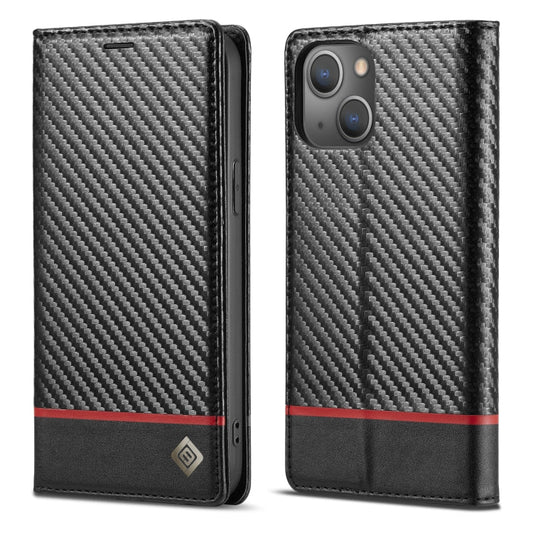 Pour iPhone 13 LC.IMEEKE Étui en cuir à rabat horizontal en fibre de carbone PU + TPU avec support, fentes pour cartes et portefeuille (noir horizontal)