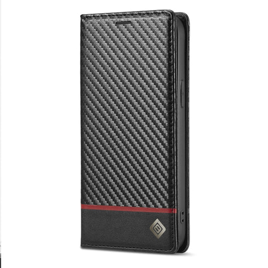Pour iPhone 13 LC.IMEEKE Étui en cuir à rabat horizontal en fibre de carbone PU + TPU avec support, fentes pour cartes et portefeuille (noir horizontal)