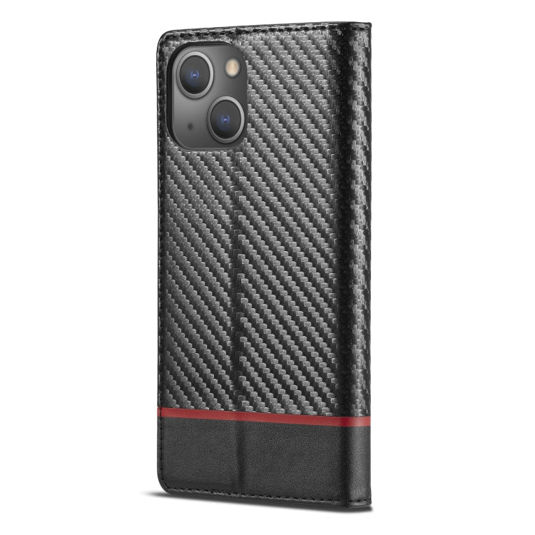 For iPhone 13 LC.IMEEKE Carbon Fiber PU + TPU Horizontal Flip Leather Case with Holder & Card Slot & Wallet(Horizontal Black)