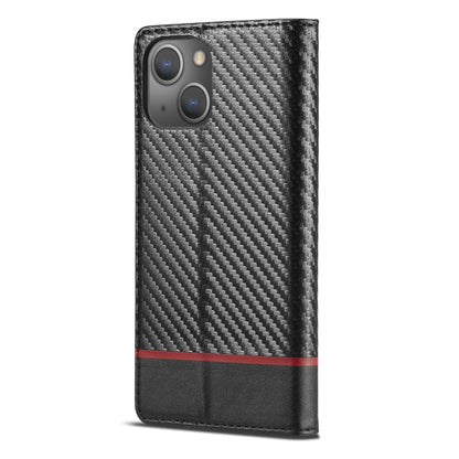 For iPhone 13 LC.IMEEKE Carbon Fiber PU + TPU Horizontal Flip Leather Case with Holder & Card Slot & Wallet(Horizontal Black)