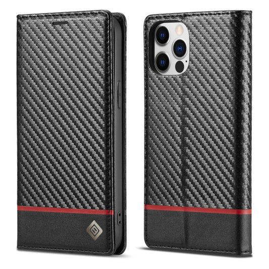 Pour iPhone 13 Pro LC.IMEEKE Étui en Cuir à Rabat Horizontal en Fibre de Carbone PU + TPU avec Support, Fente pour Carte et Portefeuille (Noir Horizontal)