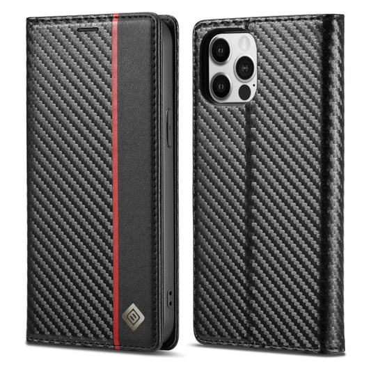 Pour iPhone 13 Pro LC.IMEEKE Étui à rabat horizontal en cuir PU + TPU Fibre de carbone avec support, fentes pour cartes et portefeuille (Noir vertical)