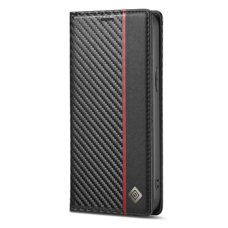 For iPhone 13 Pro LC.IMEEKE Carbon Fiber PU + TPU Horizontal Flip Leather Case with Holder & Card Slot & Wallet (Vertical Black)