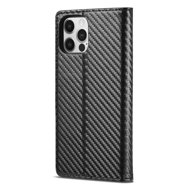 For iPhone 13 Pro LC.IMEEKE Carbon Fiber PU + TPU Horizontal Flip Leather Case with Holder & Card Slot & Wallet (Vertical Black)