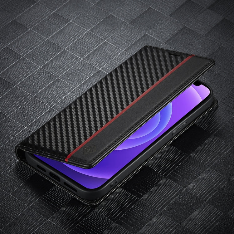 For iPhone 13 Pro LC.IMEEKE Carbon Fiber PU + TPU Horizontal Flip Leather Case with Holder & Card Slot & Wallet (Vertical Black)