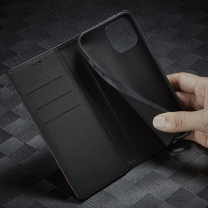 For iPhone 13 Pro LC.IMEEKE Carbon Fiber PU + TPU Horizontal Flip Leather Case with Holder & Card Slot & Wallet (Vertical Black)