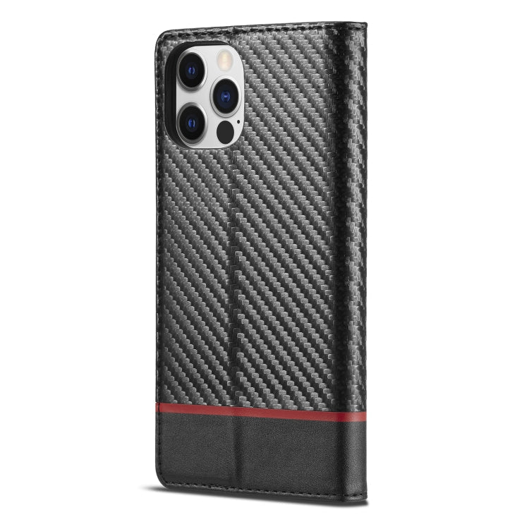 For iPhone 13 Pro Max LC.IMEEKE Carbon Fiber PU + TPU Horizontal Flip Leather Case with Holder & Card Slot & Wallet (Horizontal Black)