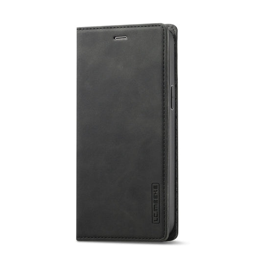 Pour iPhone 13 mini LC.IMEEKE Étui en cuir à rabat horizontal avec support et fentes pour cartes et portefeuille (noir) en PU magnétique puissant + TPU mat