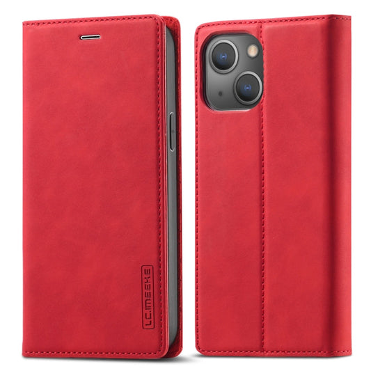 Pour iPhone 13 mini LC.IMEEKE Étui en cuir à rabat horizontal avec support et fentes pour cartes et portefeuille en PU magnétique puissant + TPU mat (Rouge)