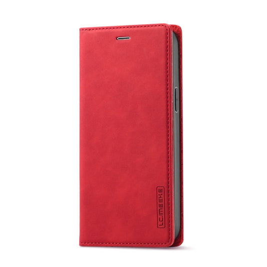 Pour iPhone 13 mini LC.IMEEKE Étui en cuir à rabat horizontal avec support et fentes pour cartes et portefeuille en PU magnétique puissant + TPU mat (Rouge)