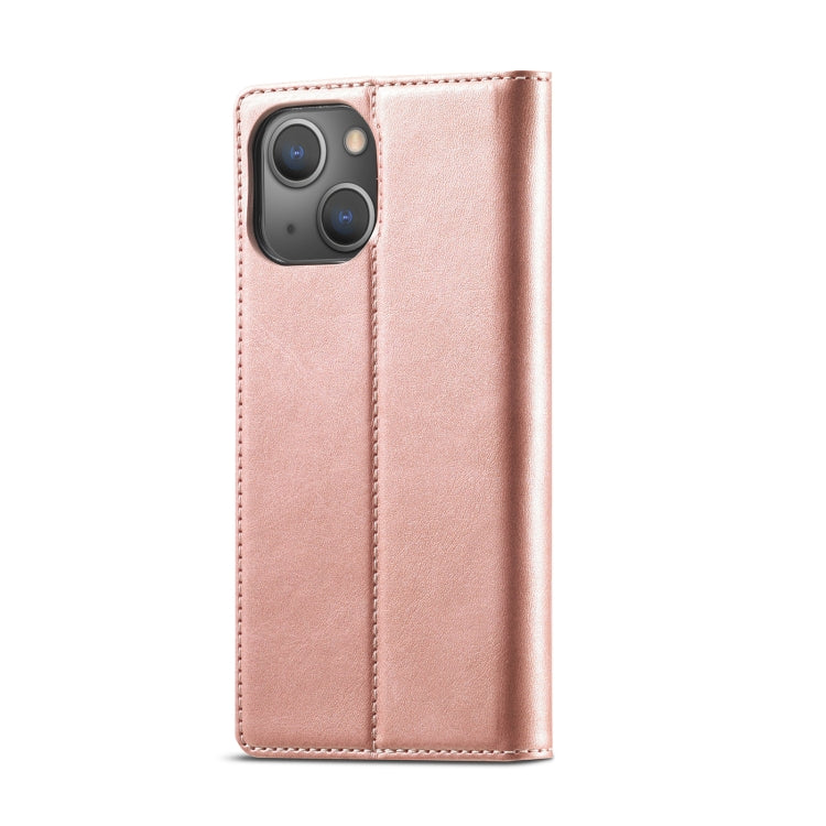For iPhone 13 mini LC.IMEEKE Strong Magnetic PU + Matte TPU Horizontal Flip Leather Case with Holder & Card Slots & Wallet (Rose Gold)