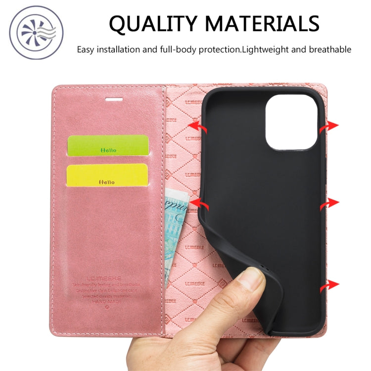 For iPhone 13 mini LC.IMEEKE Strong Magnetic PU + Matte TPU Horizontal Flip Leather Case with Holder & Card Slots & Wallet (Rose Gold)