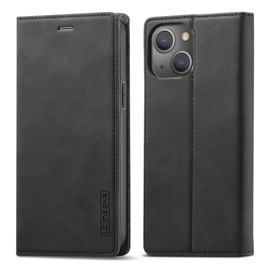 Pour iPhone 13 LC.IMEEKE Étui en cuir à rabat horizontal magnétique puissant en PU + TPU mat avec support et fentes pour cartes et portefeuille (noir)