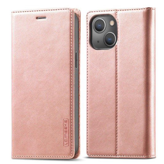 Pour iPhone 13 LC.IMEEKE Étui en cuir à rabat horizontal magnétique PU + TPU mat avec support et fentes pour cartes et portefeuille (or rose)