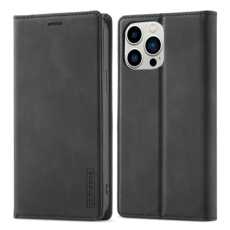 Pour iPhone 13 Pro LC.IMEEKE Étui en cuir à rabat horizontal magnétique puissant en PU + TPU mat avec support, fentes pour cartes et portefeuille (Noir)