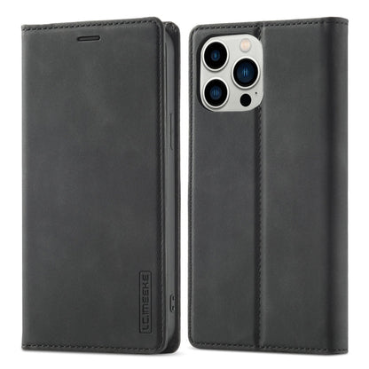 Pour iPhone 13 Pro LC.IMEEKE Étui en cuir à rabat horizontal magnétique puissant en PU + TPU mat avec support, fentes pour cartes et portefeuille (Noir)