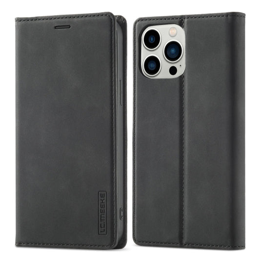 Pour iPhone 13 Pro LC.IMEEKE Étui en cuir à rabat horizontal magnétique puissant en PU + TPU mat avec support, fentes pour cartes et portefeuille (Noir)